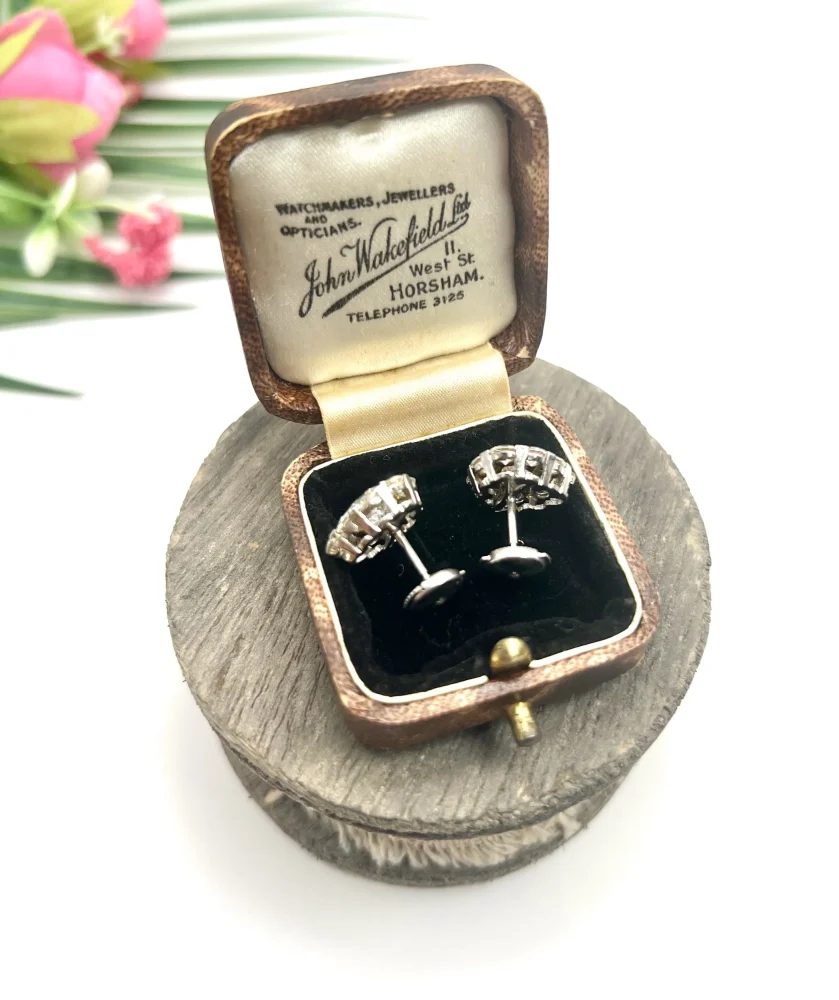 Vintage French 5.80ct Heart Diamond Cluster Stud Earrings, Radiant heart-shaped diamonds beautifully framed by sparkling diamonds in 18ct white gold