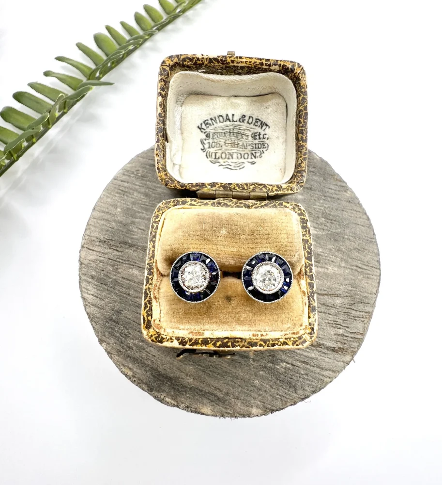 Art Deco Diamond and Sapphire Target Cluster Stud Earrings in platinum to 18ct yellow gold, Circa 1920s