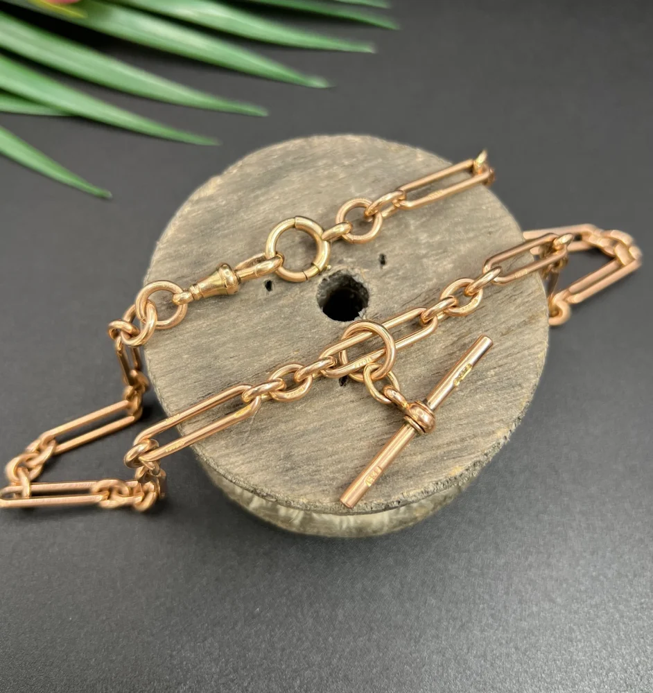 Antique 9ct Rose Gold Trombone and Fetter Link Albert Chain Necklace, Each link stamped with 9 & 375 with a swivel and bolt ring clasp and 36mm T-bar, Chester 1903