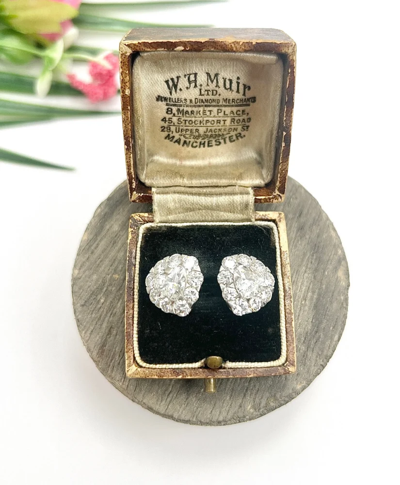 Vintage French 5.80ct Heart Diamond Cluster Stud Earrings, Radiant heart-shaped diamonds beautifully framed by sparkling diamonds in 18ct white gold