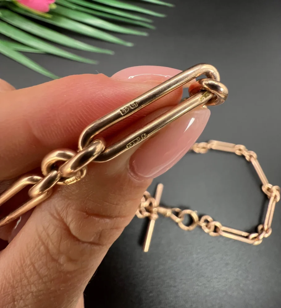 Antique 9ct Rose Gold Trombone and Fetter Link Albert Chain Necklace, Each link stamped with 9 & 375 with a swivel and bolt ring clasp and 36mm T-bar, Chester 1903