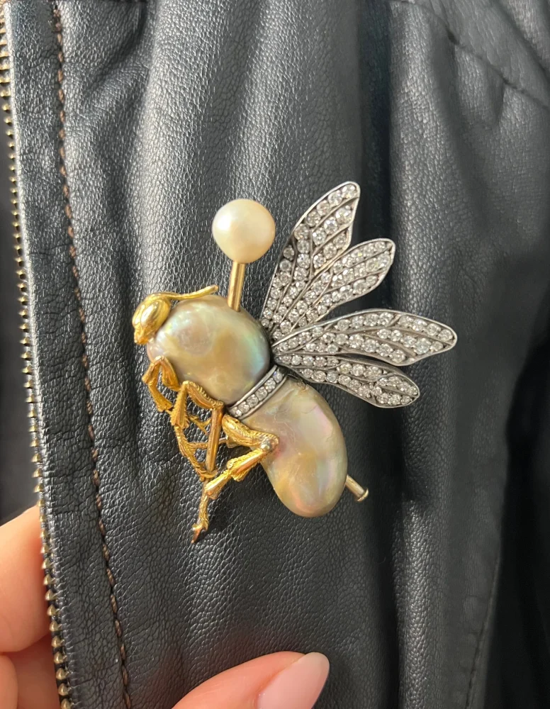 Vintage Abalone Pearl Insect Brooch with Diamonds, late Art Deco fly brooch with shimmering abalone pearl body and 2.50cts diamond wings in silver and 18ct yellow gold, Circa 1930s