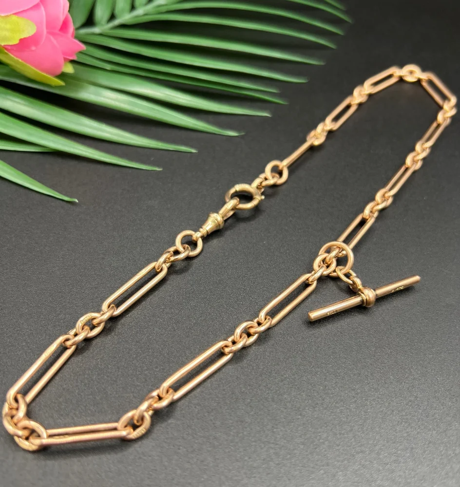 Antique 9ct Rose Gold Trombone and Fetter Link Albert Chain Necklace, Each link stamped with 9 & 375 with a swivel and bolt ring clasp and 36mm T-bar, Chester 1903
