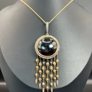 Early Victorian Antique Cabochon Garnet and Diamond Fringe Tassel Pendant in 18ct Yellow Gold, Late 19cth Century, Circa 1870