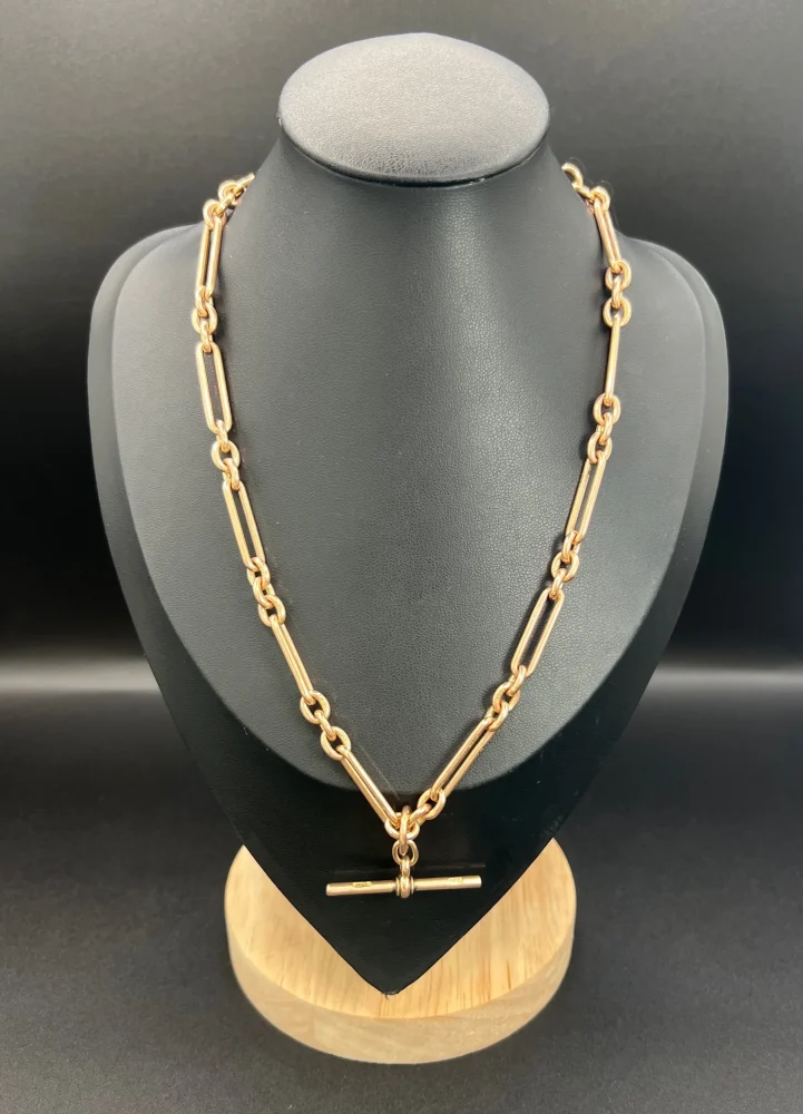 Antique 9ct Rose Gold Trombone and Fetter Link Albert Chain Necklace, Each link stamped with 9 & 375 with a swivel and bolt ring clasp and 36mm T-bar, Chester 1903