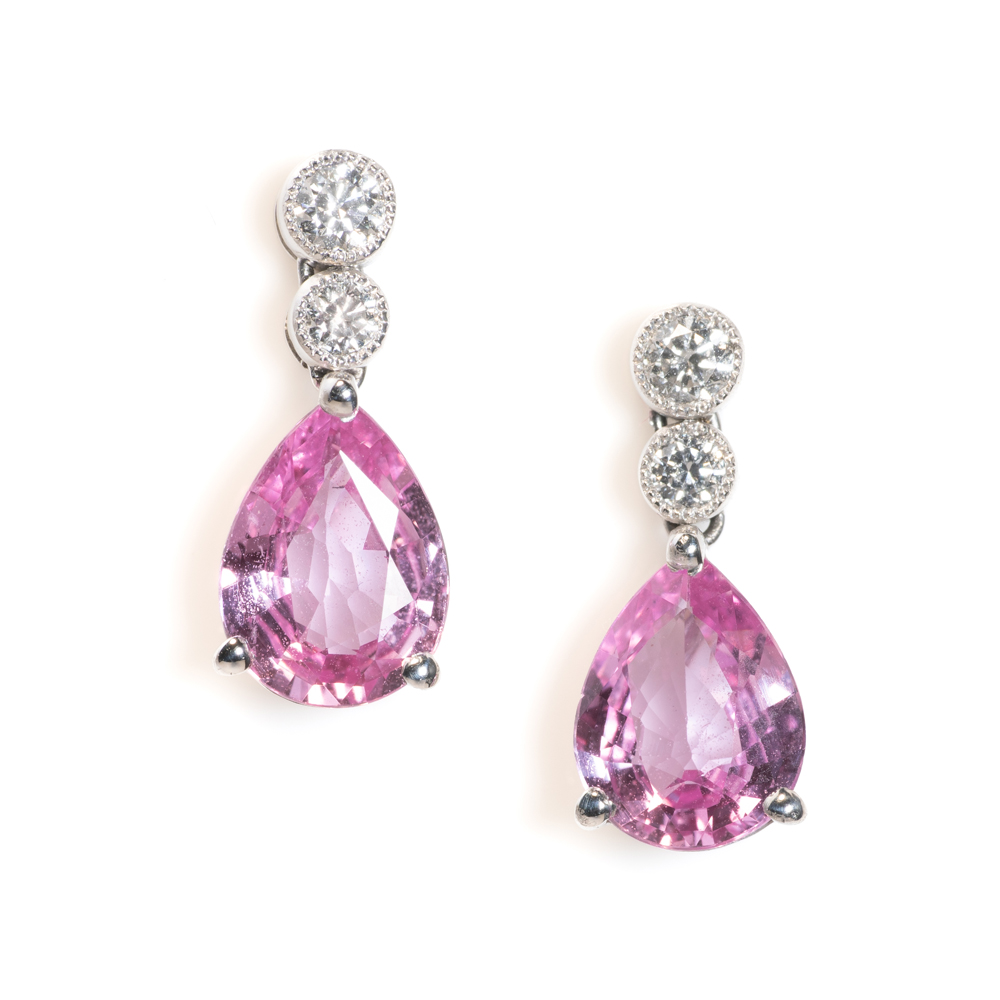 Pear Shaped Pink Sapphire and Diamond Drop Earrings, 2.20cts pear shape pink sapphires topped with graduating brilliant-cut diamonds in 18ct white gold