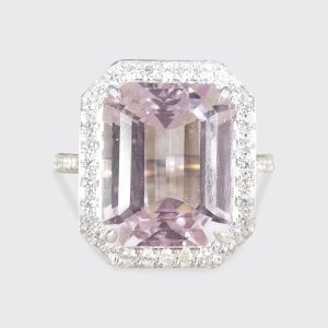 8.38ct Emerald Cut Pink Kunzite and Diamond Cluster Ring