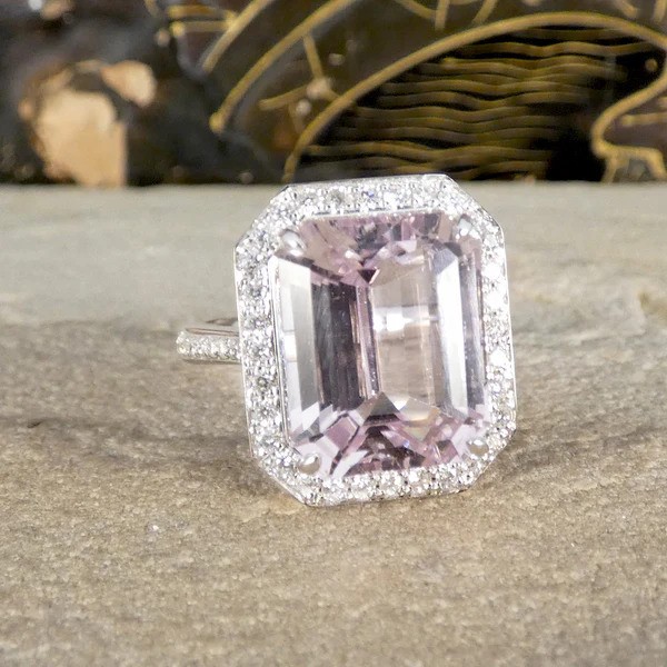 Large Impressive 8.38ct Emerald Cut Pink Kunzite and Diamond Cluster Ring in 18ct white gold
