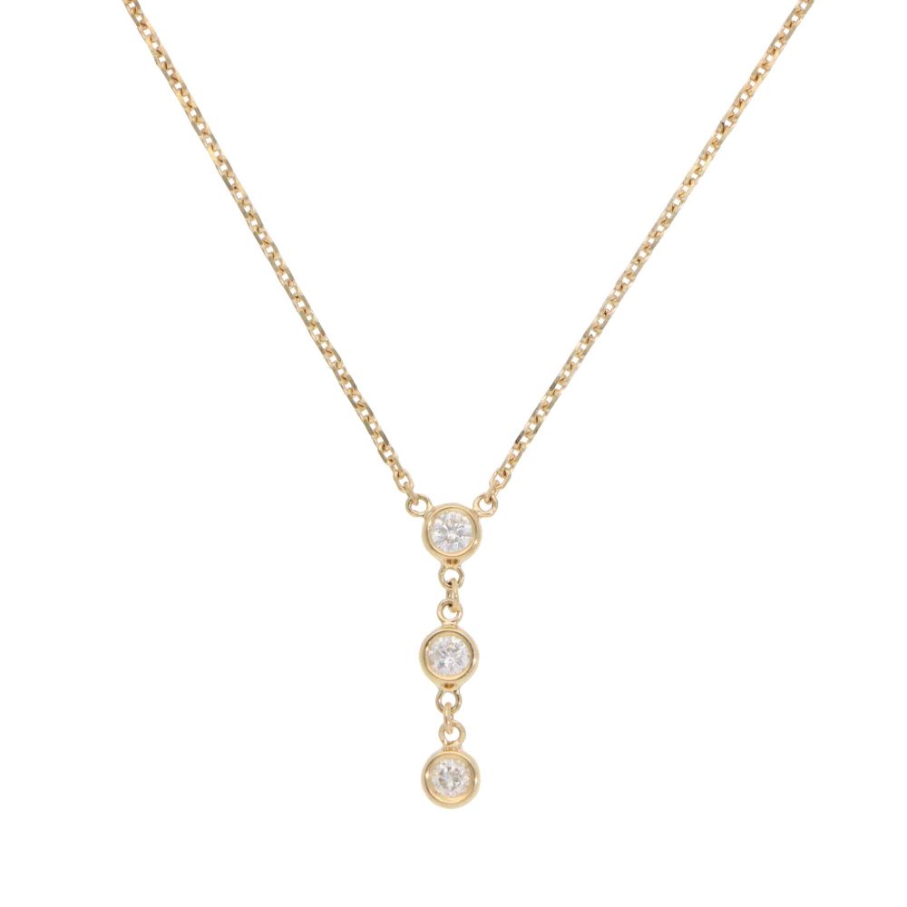 Contemporary Diamond Three Stone Trilogy Drop Pendant Necklace in 14ct Yellow Gold, three round brilliant-cut diamonds in bezel settings on fixed yellow gold trace chain