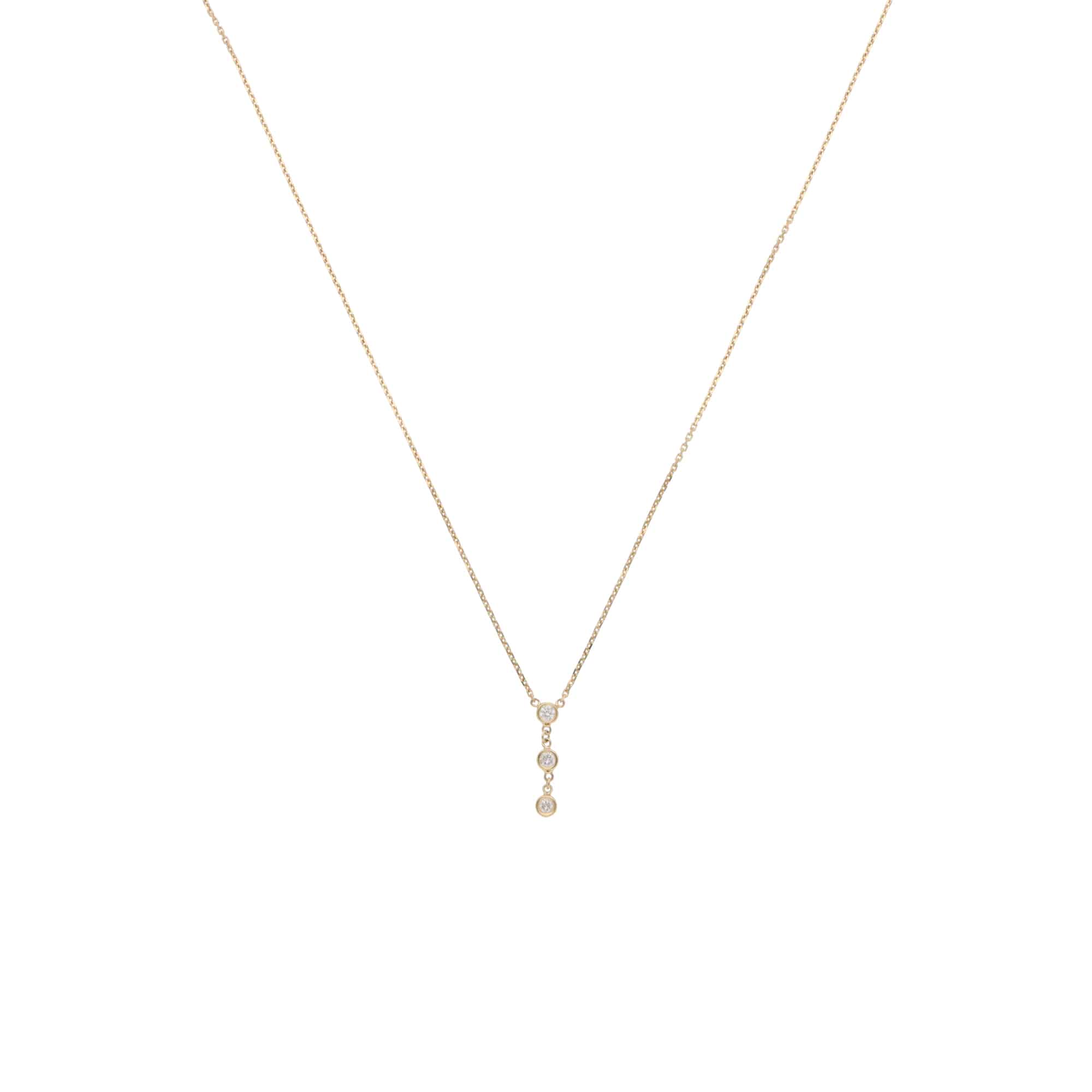 Contemporary Diamond Three Stone Trilogy Drop Pendant Necklace in 14ct Yellow Gold, three round brilliant-cut diamonds in bezel settings on fixed yellow gold trace chain
