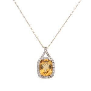Cushion Cut Citrine and Diamond Cluster Pendant Necklace in 14ct Yellow Gold with Chain