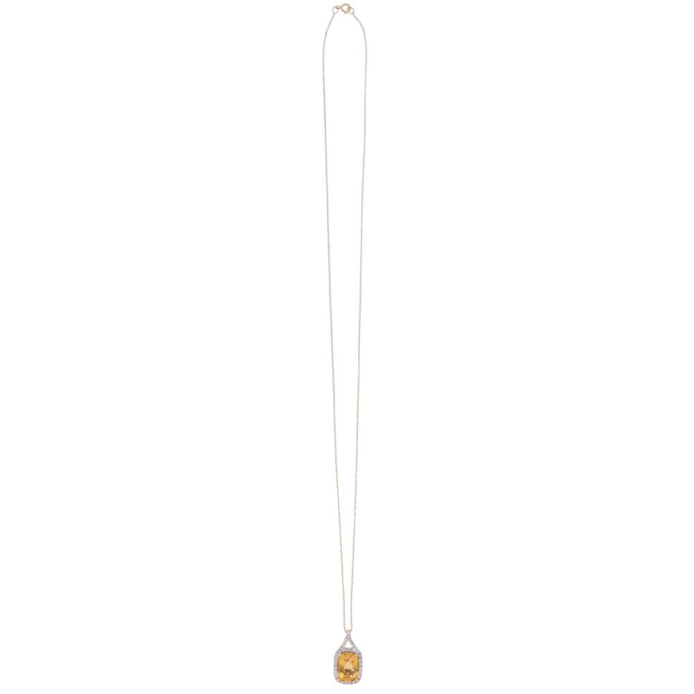 Cushion Cut Citrine and Diamond Cluster Pendant Necklace in 14ct Yellow Gold with Chain