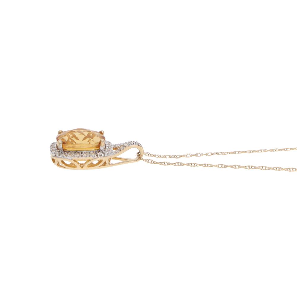 Citrine and Diamond Cluster Pendant Necklace in Yellow Gold, cushion-cut citrine, surrounded by 32 round brilliant-cut diamonds in 14ct yellow gold on trace chain