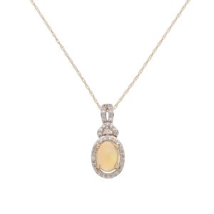 Opal and Diamond Cluster Pendant Necklace, oval cabochon opal is surrounded by 38 brilliant-cut diamonds in micro-claw settings in 14ct yellow gold on 18 inch yellow gold trace chain