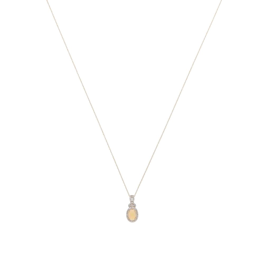 Opal and Diamond Cluster Pendant Necklace, oval cabochon opal is surrounded by 38 brilliant-cut diamonds in micro-claw settings in 14ct yellow gold on 18 inch yellow gold trace chain