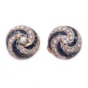 Vintage Sapphire and Diamond Swirl Cluster Clip Earrings, 1.32cts sparkling diamonds and 1.20cts calibre sapphires in swirled Catherine wheel design