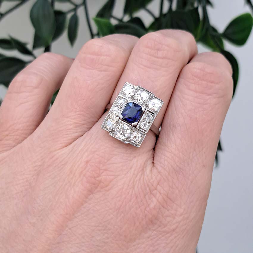 Art Deco French 1ct Sapphire and 1.80ct Old Cut Diamond Cluster Panel Plaque Tablet Ring in Platinum, Circa 1920s