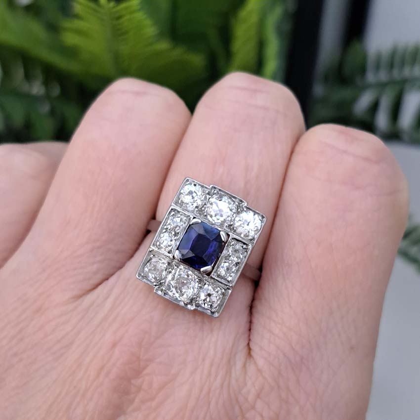 Art Deco French 1ct Sapphire and 1.80ct Old Cut Diamond Cluster Panel Plaque Tablet Ring in Platinum, Circa 1920s