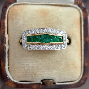 French Cut Emerald Five Stone and Diamond Cluster Band Ring