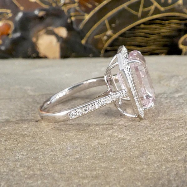 Large Impressive 8.38ct Emerald Cut Pink Kunzite and Diamond Cluster Ring in 18ct white gold