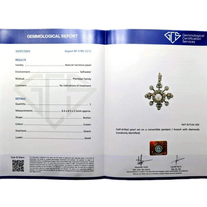 Victorian Antique Natural Pearl and Diamond Snowflake Cluster Pendant Brooch, natural bouton pearl surrounded by old-cut diamonds in silver-upon-gold. Circa 1890