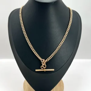 Edwardian Antique 9ct Rose Gold Curb Link Albert Chain Necklace with two matching swivel dog clips 35.7mm T-bar and 4 additional links for attaching fobs or charms. Birmingham, 1900