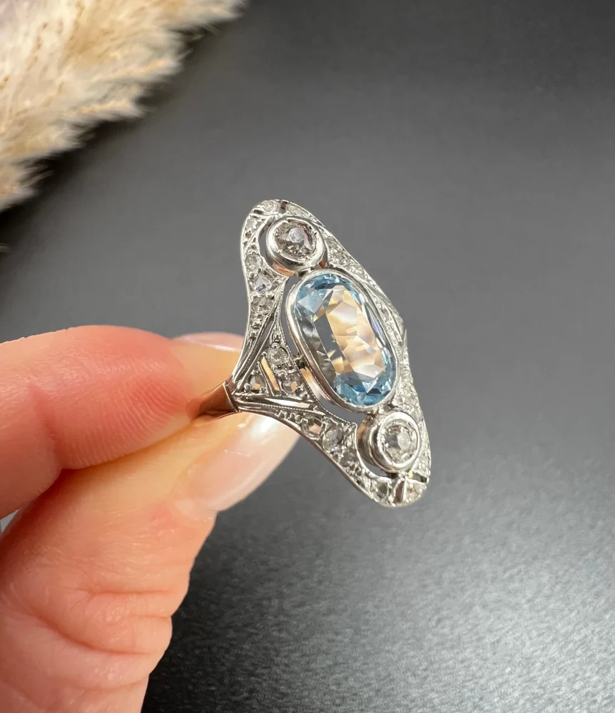Antique aquamarine and diamond ring in rose gold and platinum.