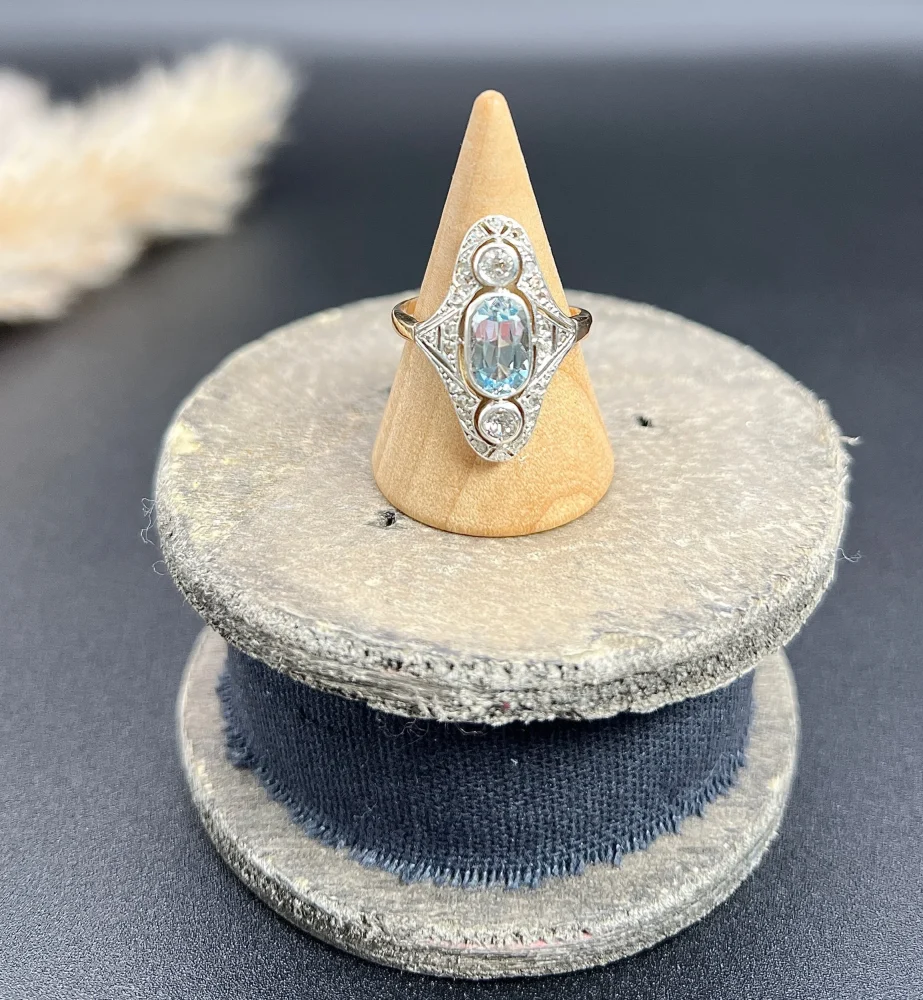 Antique aquamarine and diamond ring in rose gold and platinum.