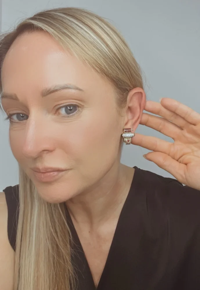 Art Deco diamond, ruby and onyx earrings in yellow and white gold.