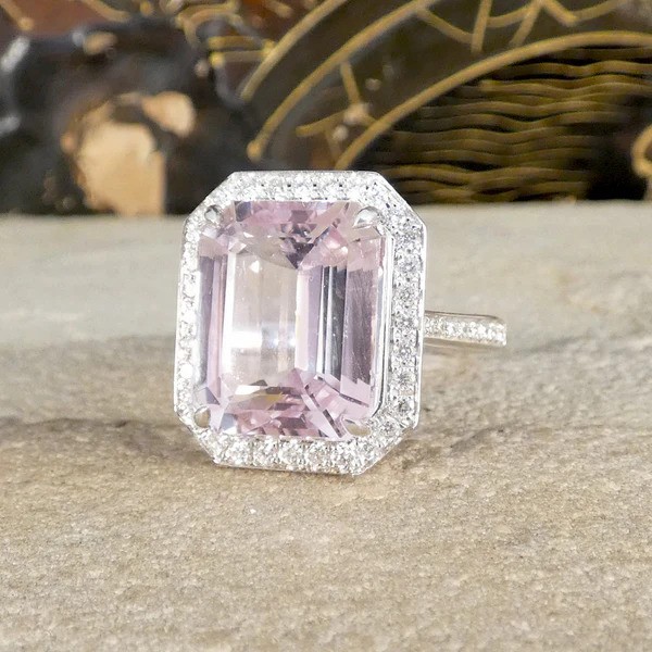 Large Impressive 8.38ct Emerald Cut Pink Kunzite and Diamond Cluster Ring in 18ct white gold