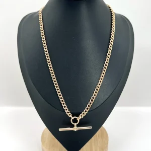 Edwardian Antique 9ct Rose Gold Curb Link Albert Chain Necklace, featuring two swivel dog clips and a 39.4mm T-bar. Circa 1900