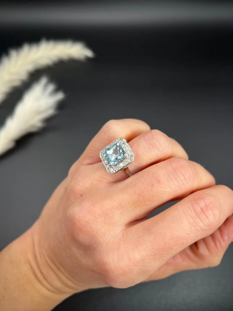 Art Deco Square Cut Aquamarine and Diamond Cluster Ring