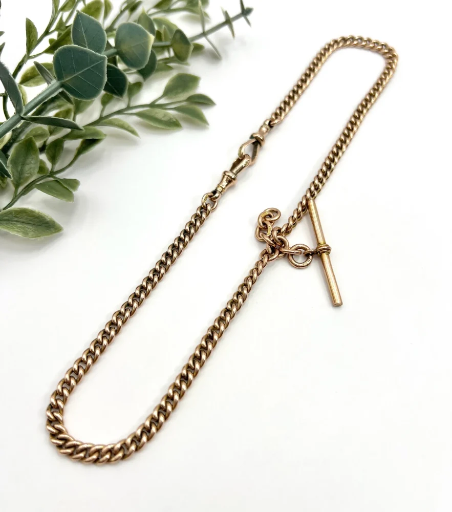Edwardian Antique 9ct Rose Gold Curb Link Albert Chain Necklace with two matching swivel dog clips 35.7mm T-bar and 4 additional links for attaching fobs or charms. Birmingham, 1900