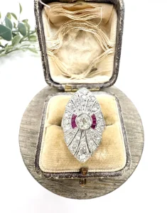 Vintage Diamond and Ruby Cluster Marquise Navette Shaped Ring