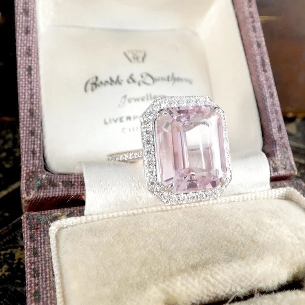 Large Impressive 8.38ct Emerald Cut Pink Kunzite and Diamond Cluster Ring in 18ct white gold