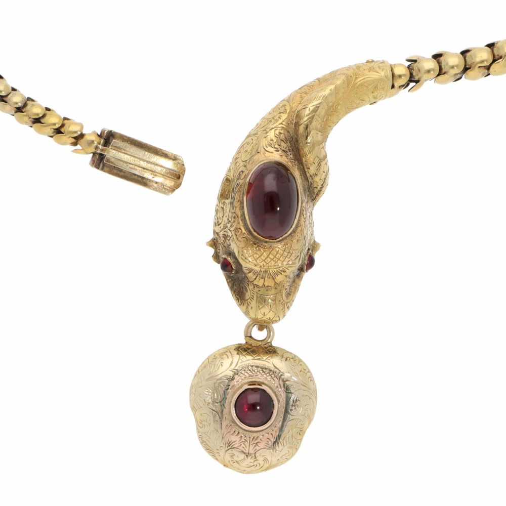 Victorian garnet snake necklace in gold.