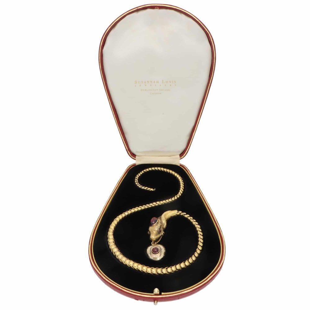 Victorian garnet snake necklace in gold.