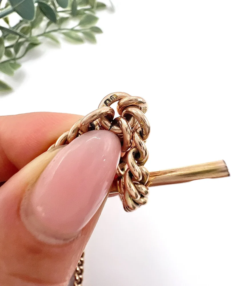 Edwardian Antique 9ct Rose Gold Curb Link Albert Chain Necklace with two matching swivel dog clips 35.7mm T-bar and 4 additional links for attaching fobs or charms. Birmingham, 1900