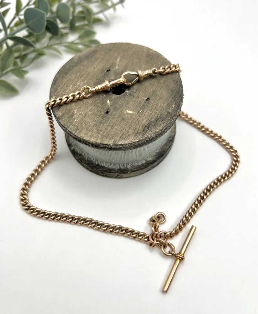 Edwardian Antique 9ct Rose Gold Curb Link Albert Chain Necklace with two matching swivel dog clips 35.7mm T-bar and 4 additional links for attaching fobs or charms. Birmingham, 1900