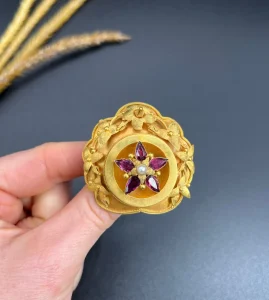 Antique Floral Etruscan Brooch In 15 Carat Yellow Gold