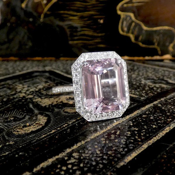 Large Impressive 8.38ct Emerald Cut Pink Kunzite and Diamond Cluster Ring in 18ct white gold