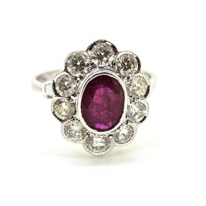 1.30ct Oval Ruby and Diamond Floral Cluster Engagement Ring