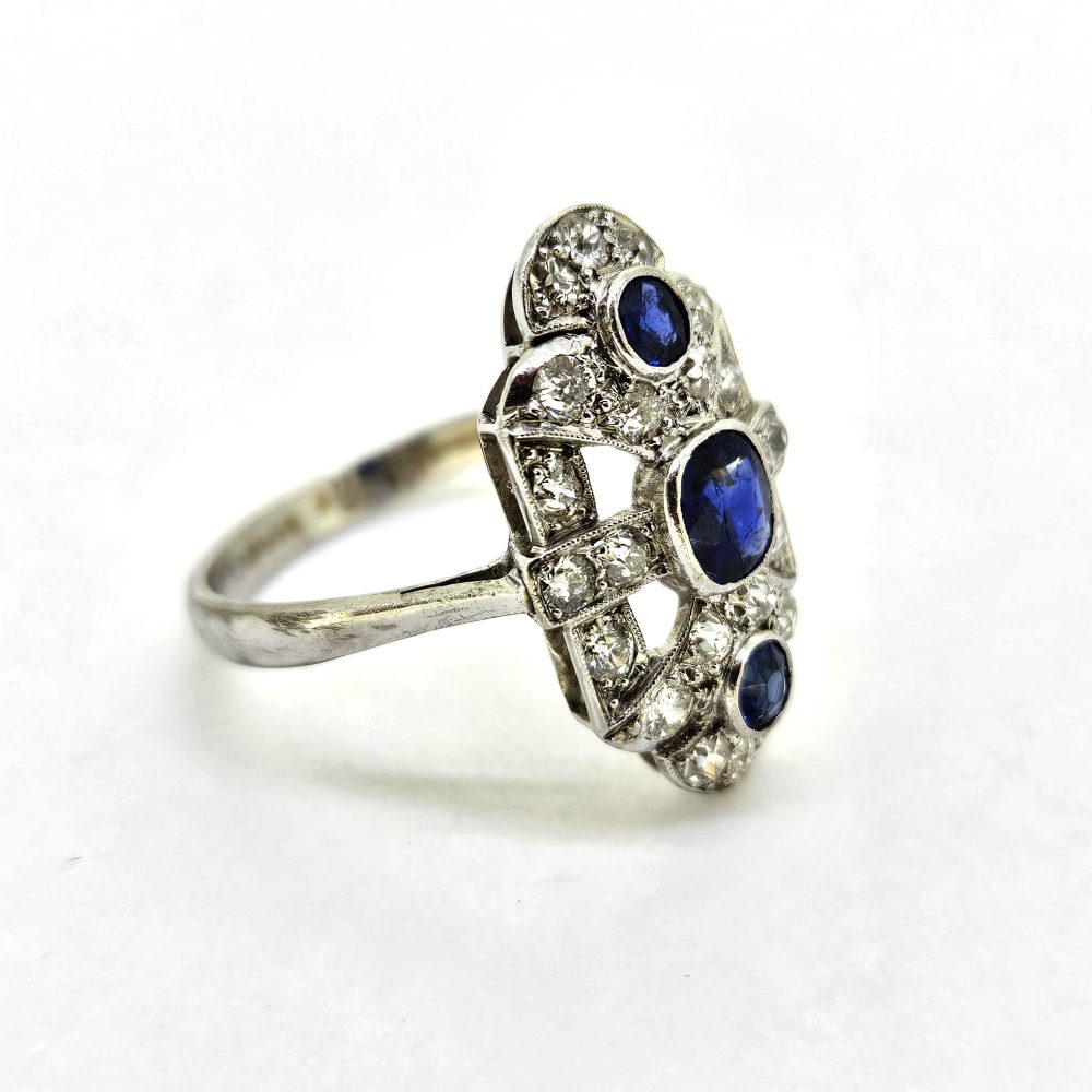 Sapphire and Diamond Three Stone Trilogy Panel Tablet Ring