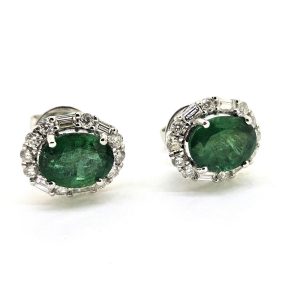 2.44ct Oval Emerald Stud Earrings with Baguette and Brilliant Diamond Halos
