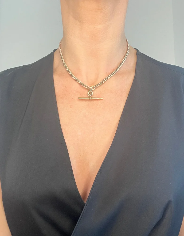 Edwardian Antique 9ct Rose Gold Curb Link Albert Chain Necklace with two matching swivel dog clips 35.7mm T-bar and 4 additional links for attaching fobs or charms. Birmingham, 1900