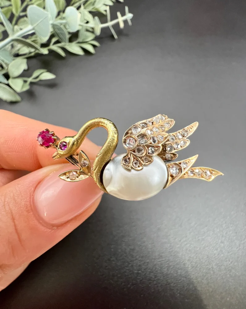 Antique swan brooch in gold with gemstones.