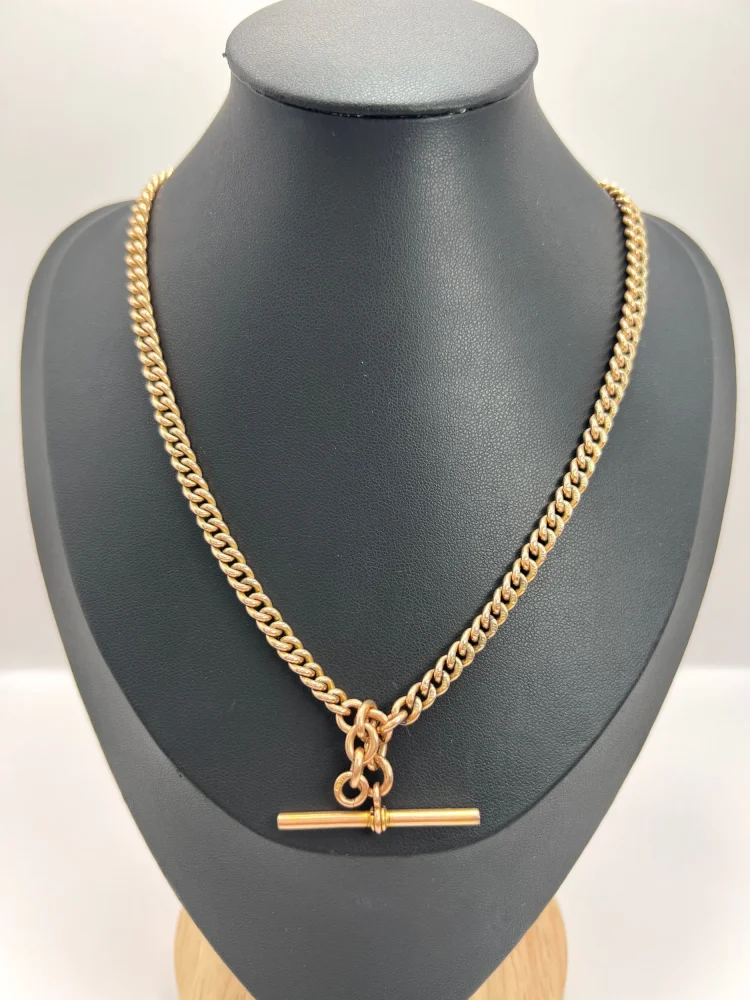 Edwardian Antique 9ct Rose Gold Curb Link Albert Chain Necklace with two matching swivel dog clips 35.7mm T-bar and 4 additional links for attaching fobs or charms. Birmingham, 1900