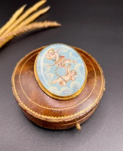 Antique Miniature Cupid Brooch In 18 Carat Yellow Gold With Mother-Of-Pearl Back