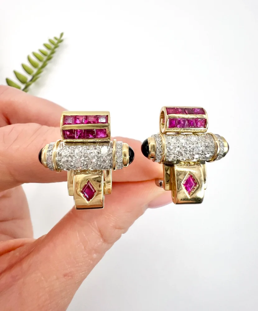 Art Deco diamond, ruby and onyx earrings in yellow and white gold.