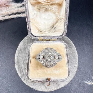 Antique Vintage Art Deco Diamond Bombe Cluster Dress Ring in Platinum and 18ct Yellow Gold, Circa 1920s